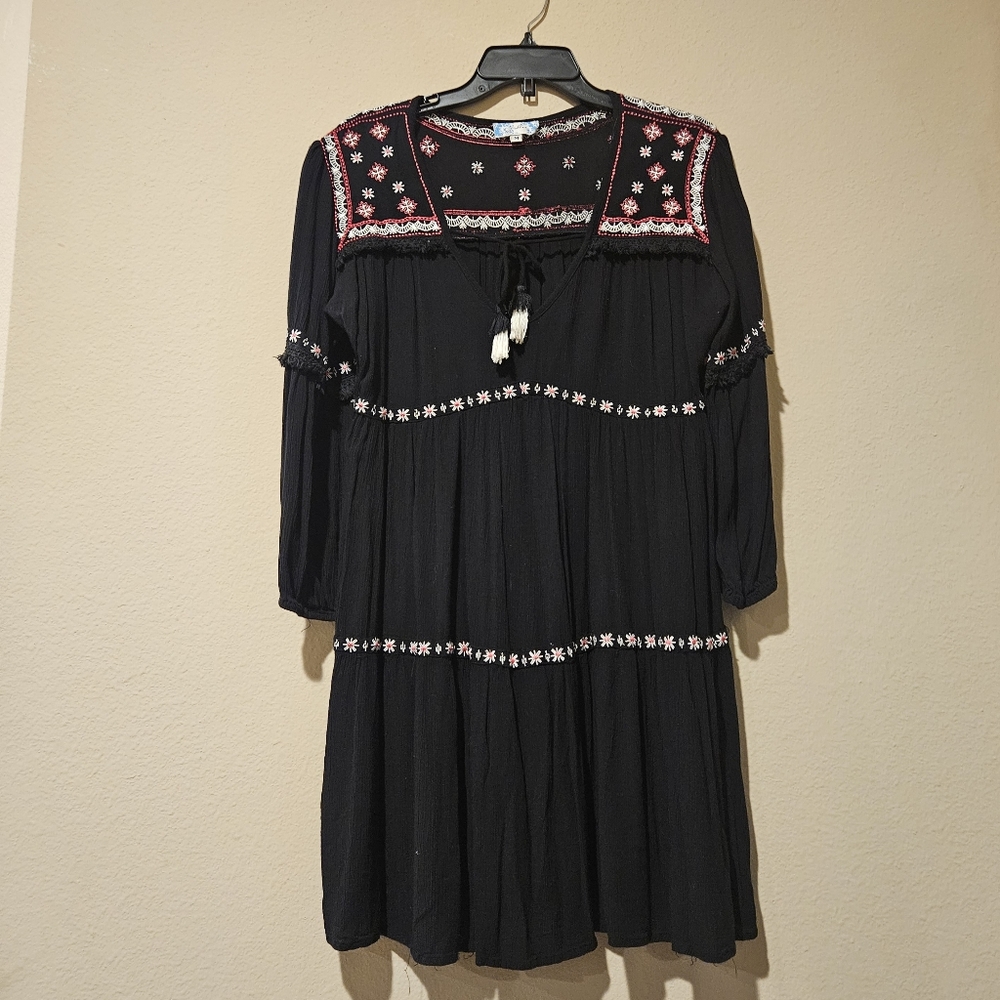J Gee Embroidered Boho Dress, Black, 3/4 Length Sleeves - Size Medium
